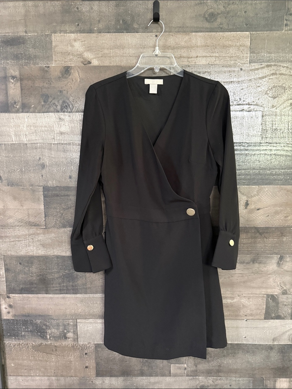 H&M Black Long-Sleeve Wrap Dress with Gold Buttons